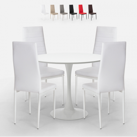 Tisch Esszimmer Set Tulipan Design weiß rund 80cm 4 moderne Kunstleder Stühle vogue Aktion