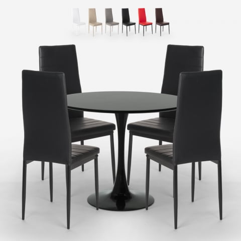 Tisch Esszimmer Set Tulipan Design schwarz rund 80cm 4 moderne Kunstleder Stühle vogue Black Aktion