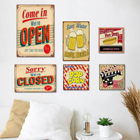 Set aus 6 Leinwanddrucken Vintage-Schilder Holzrahmen Friday Aktion