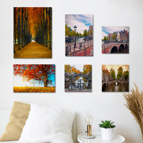 Set aus 6 Leinwanddrucken Stadtlandschaft Bilder Holzrahmen Autumn Aktion