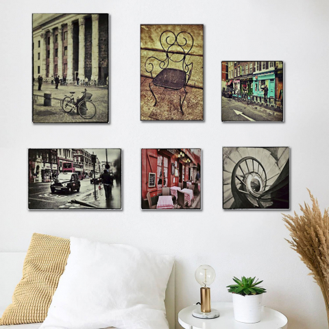 Set von 6 Leinwanddrucken Stadtbilder Rahmen aus Holz Vintage Postcard Aktion