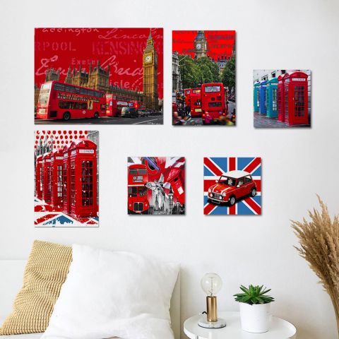 Set aus 6 Leinwanddrucken Gemälde England London Holzrahmen Queen Aktion