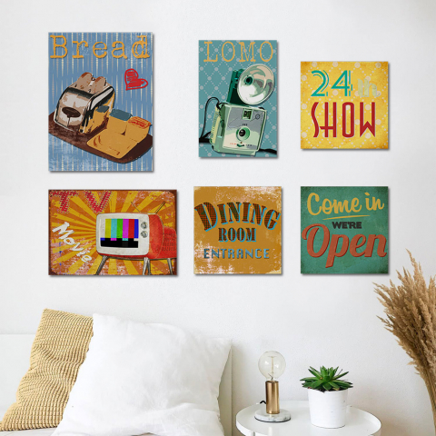 Set mit 6 Retro-Poster auf Leinwand, Holzrahmen im Vintage-Stil Aktion