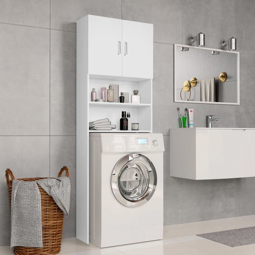 Waschmaschinenschrank platzsparend Hochschrank 2 Tueren 2 Regale Waschküchen Garda Ivory