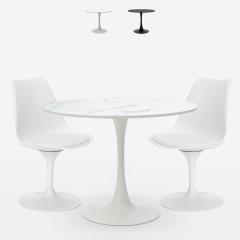 Set runder Tisch 80cm Design Tulipan Marmoreffekt 2 Stühle modern Rich Aktion