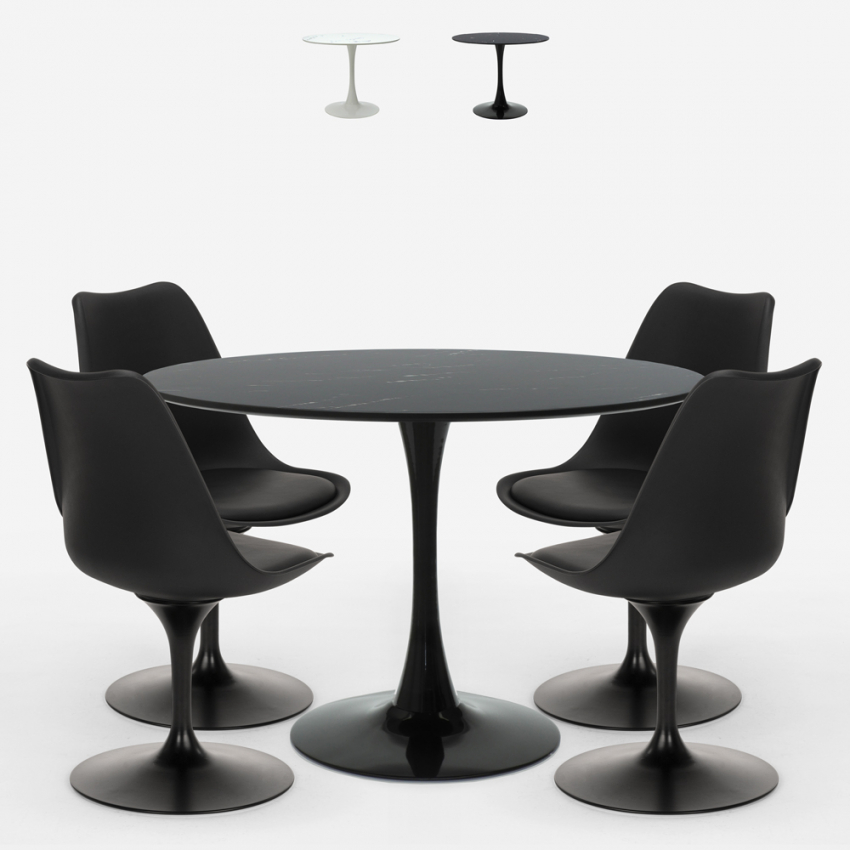 Tischset Rund modern 120cm Marmoreffekt Tulip-Design 4 Stühle Paix