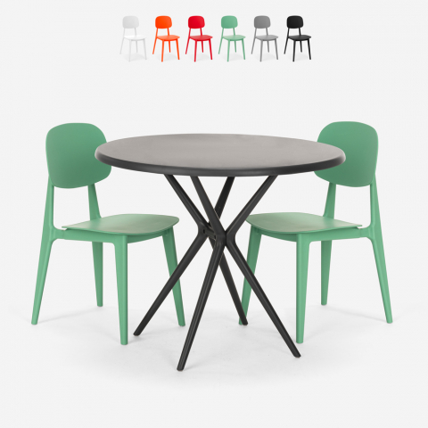 Berel Schwarz 80cm runder Tisch, 2 Designer-Stühle Aktion