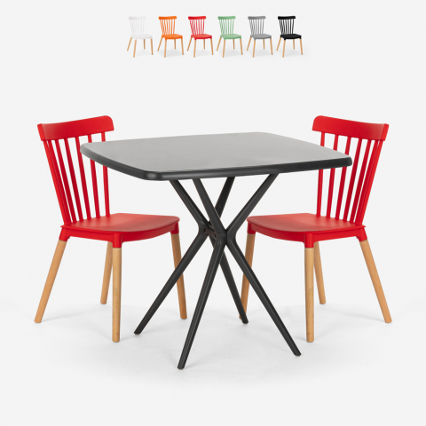 2er Set Stühle modernes Design Schwarz quadratischer Tisch 70x70cm Roslin Black