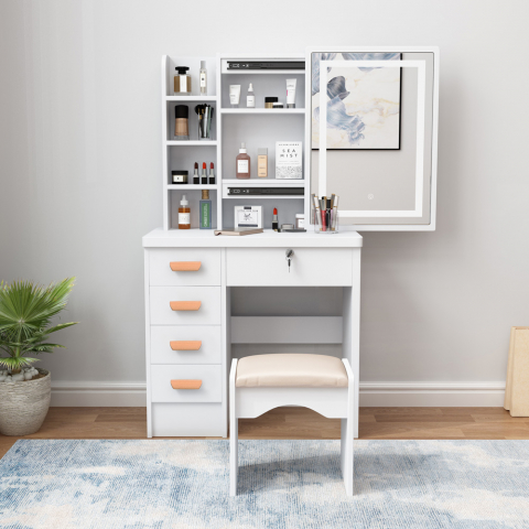 Mobiler Schminktisch Schiebespiegel Make-up-Station mit LED-Leuchte Caroline