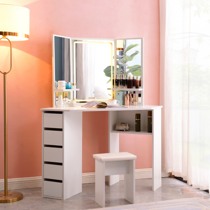 Eck-Schminkstation 3 LED-Spiegel Hocker Kommode Elettra