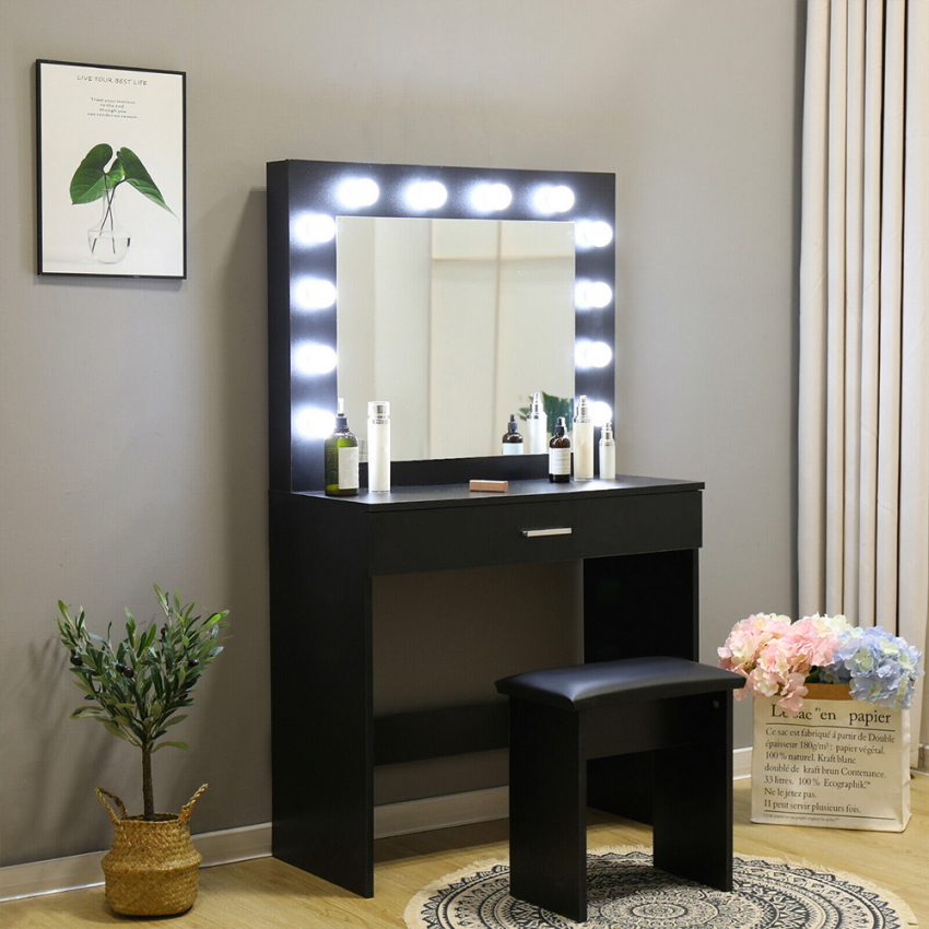 Schminktisch Schwarz Mit LED Leuchtmittel Hocker Gaia Black