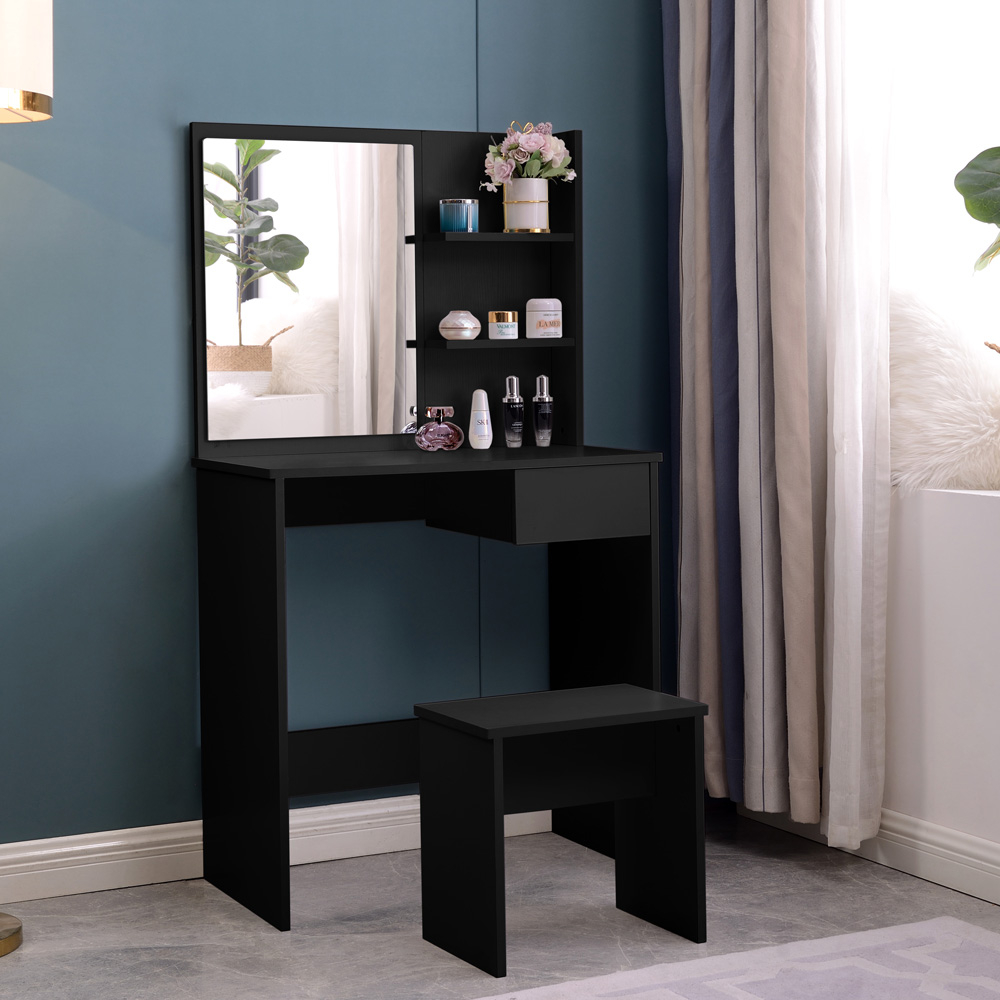 Schwarzer Schminktisch mit Schublade und Spiegel und Hocker Mayca Black