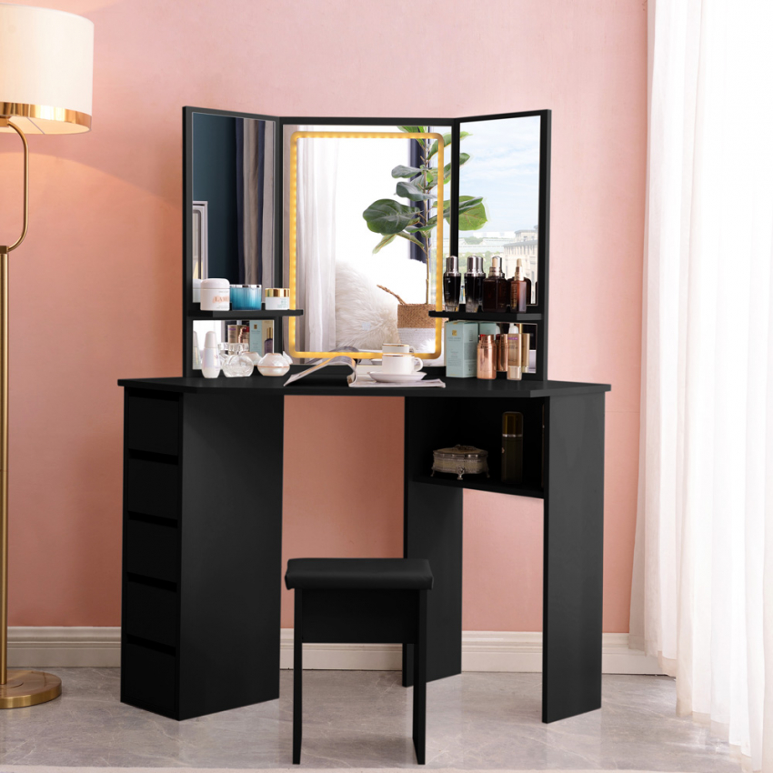 Schminkstation Ecke schwarz 3 LED-Spiegel Kommode Elettra Black