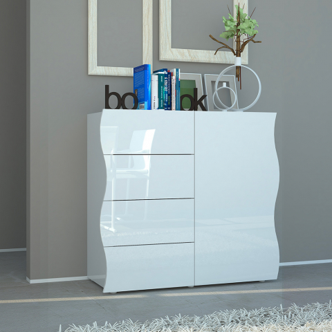 Wohnzimmerschrank Küche 90 cm 1 Tür 4 Schubladen Weiß Onda Living Aktion