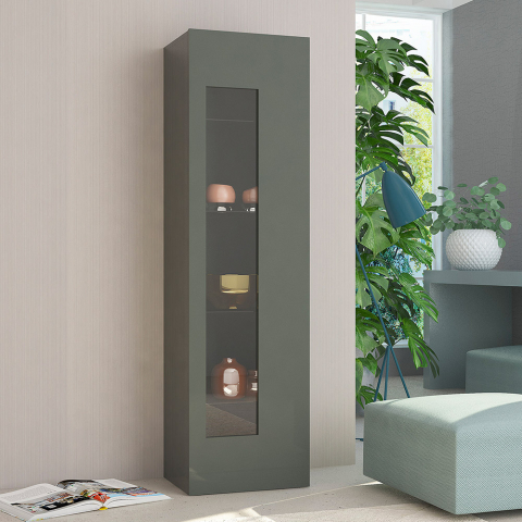 Moderne Wohnzimmer-Vitrine in Hochglanz-Schiefer mit 4 Glasböden Daiquiri Aktion