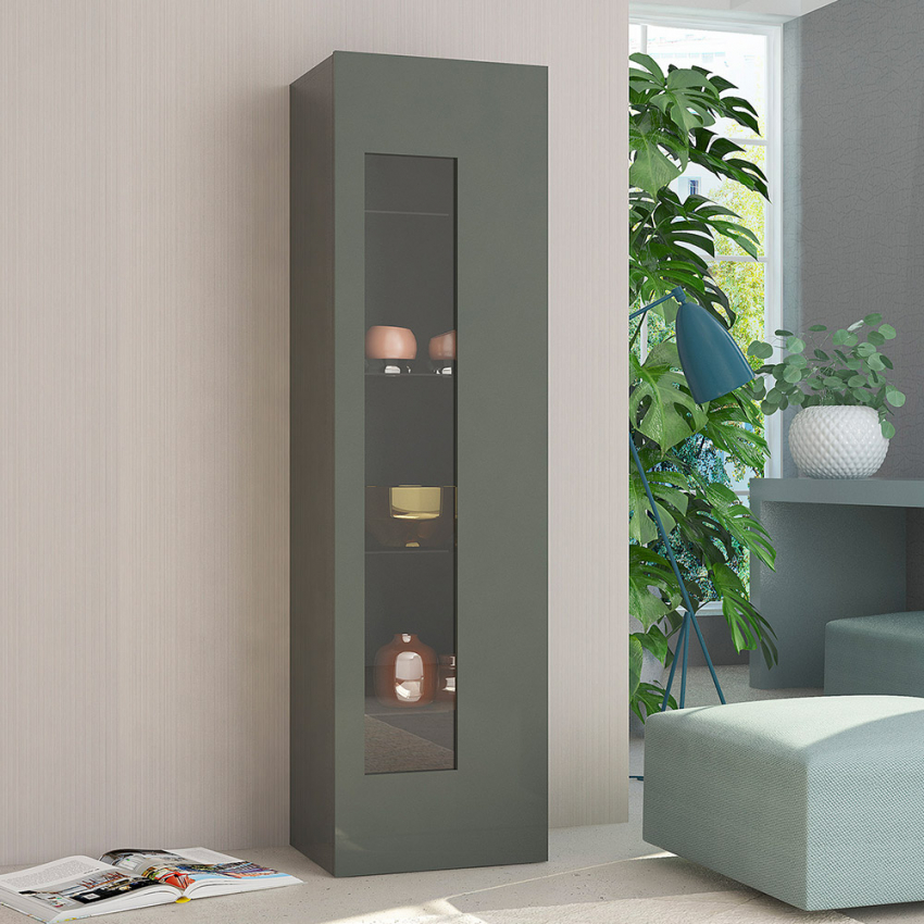 Moderne Wohnzimmer-Vitrine in Hochglanz-Schiefer mit 4 Glasböden Daiquiri Aktion Moderne Wohnzimmer-Vitrine in Hochglanz-Schiefer mit 4 Glasböden Daiquiri Aktion