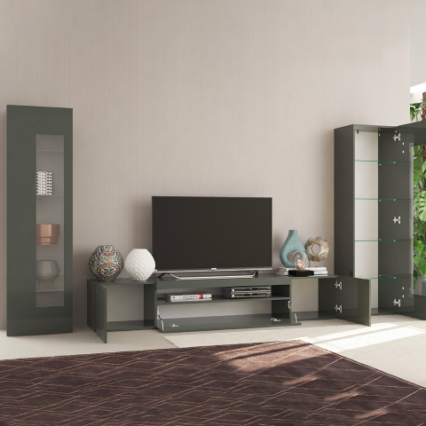 Wohnwand mit TV-Ständer und 2 anthrazit glänzenden Vitrinen Daiquiri