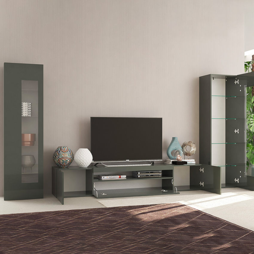 Glänzende anthrazitfarbene Wohnwand für das Wohnzimmer mit TV-Ständer und 2 Vitrinen Daiquiri
