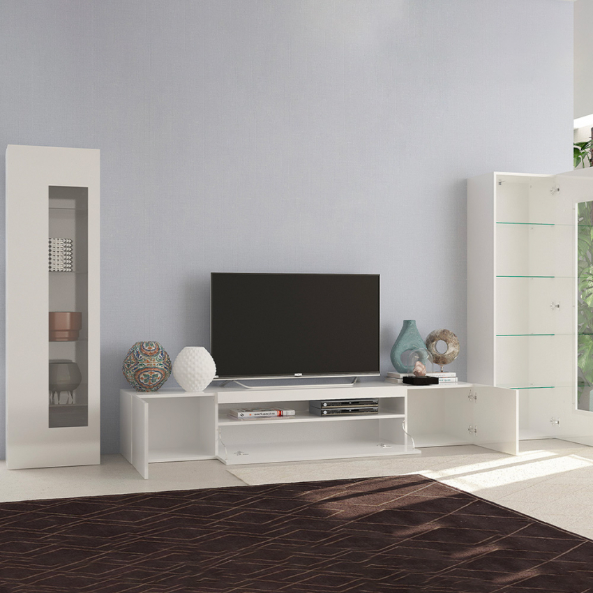 Wohnzimmer-Wandsystem mit TV-Ständer und 2 glänzend weißen Daiquiri-Vitrinen Aktion
