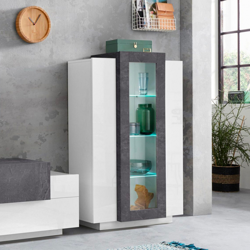 Design Wohnzimmervitrine in Schiefer und Hochglanz Weiß Corona Aktion