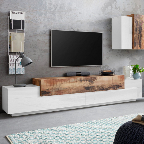 Moderner TV-Schrank 240cm, 4 Fächer, 3 Türen, Weiß-Holz, Corona Low Maple Aktion