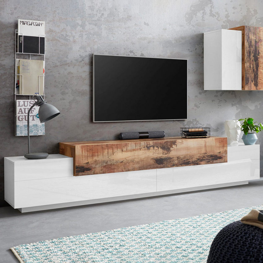Moderner TV-Schrank 240cm, 4 Fächer, 3 Türen, Weiß-Holz, Corona Low Maple Aktion