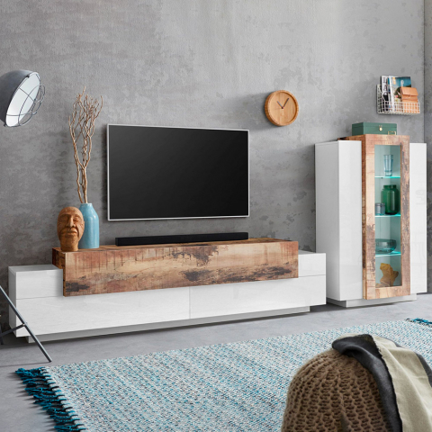 Moderne Wohnwand, TV-Schrank und Vitrine in Weiß und Holz Corona Aktion