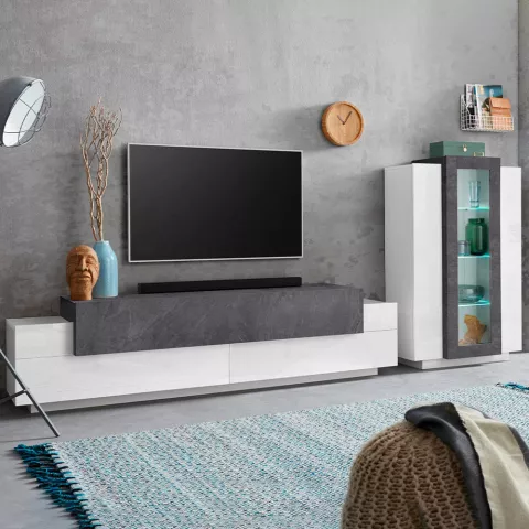 Moderne Wohnwand Weiß Schiefer TV-Schrank Vitrine Corona Aktion