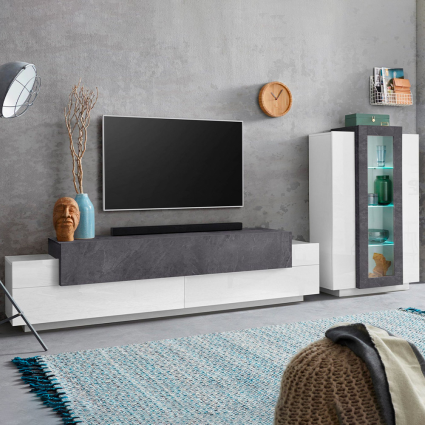 Moderne Wohnwand Weiß Schiefer TV-Schrank Vitrine Corona Aktion Moderne Wohnwand Weiß Schiefer TV-Schrank Vitrine Corona Aktion