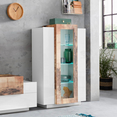 Moderne Design-Vitrine aus Hochglanz-Weiß und Holz für Wohnzimmer Corona Aktion