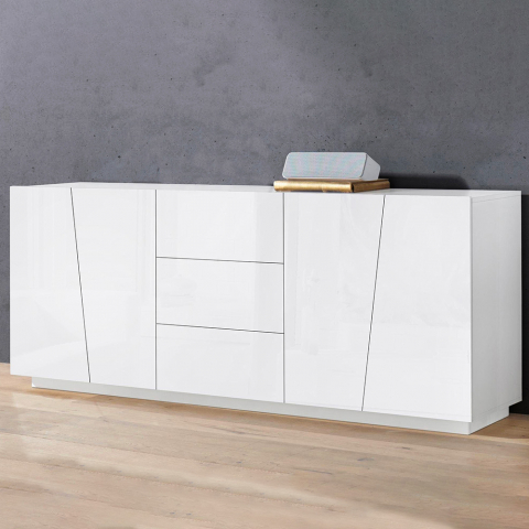 Weiße Küchen- und Wohnzimmerschrank Vega Side 220 cm mit 2 Fächern und 3 Schubladen Aktion
