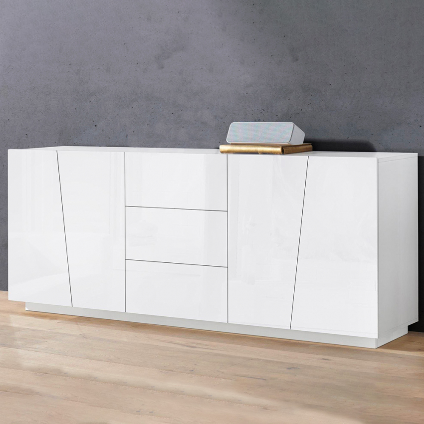 Weiße Küchen- und Wohnzimmerschrank Vega Side 220 cm mit 2 Fächern und 3 Schubladen Aktion Weiße Küchen- und Wohnzimmerschrank Vega Side 220 cm mit 2 Fächern und 3 Schubladen Aktion
