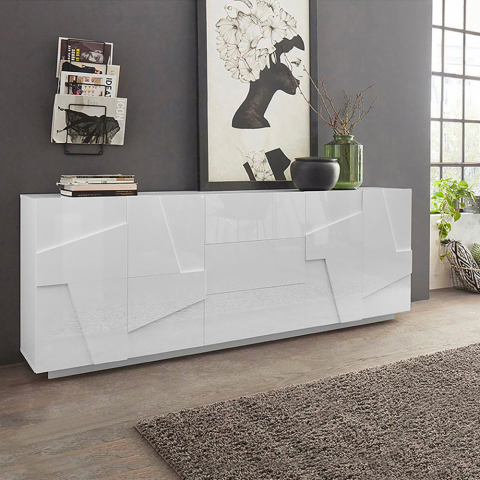 Sideboard Modernes Design 4 Türen 3 Schubladen 220cm Wohnzimmer weiß glänzend Ping Wide