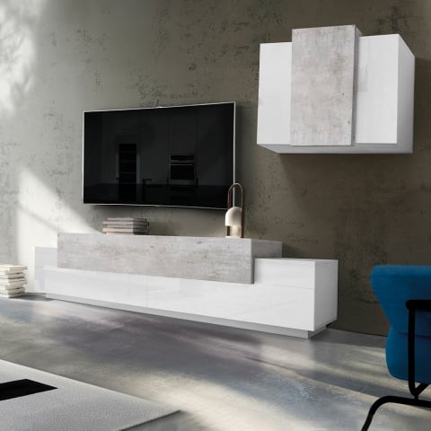 Wohnzimmerwand mit weißem und grauem hängendem TV-Schrank Corona
