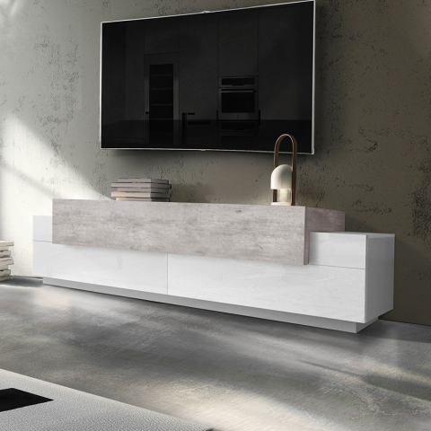 Fernsehtisch im Designstil mit 3 Fächern in Weiß und Betonoptik Corona Low Bronx Aktion
