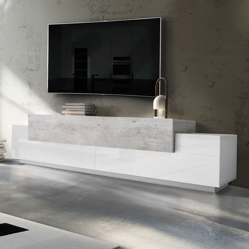 Design TV-Schrank 240cm 4 Fächer 3 Türen weiß und grau Corona Low Grey