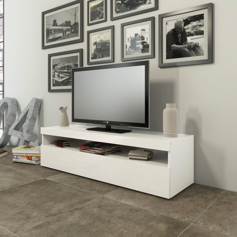 TV-Lowboard Wohnzimmer 130 cm, 2 Fächer, 1 Tür, Hochglanz Weiß, Burrata Smart Aktion