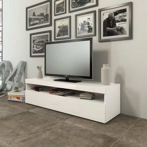 Wohnzimmer TV-Ständer 130cm 2 Fächer 1 Tür glänzend weiß Burrata Smart Aktion