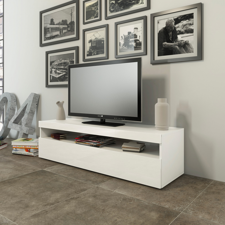 TV-Lowboard Wohnzimmer 130 cm, 2 Fächer, 1 Tür, Hochglanz Weiß, Burrata Smart Aktion TV-Lowboard Wohnzimmer 130 cm, 2 Fächer, 1 Tür, Hochglanz Weiß, Burrata Smart Aktion
