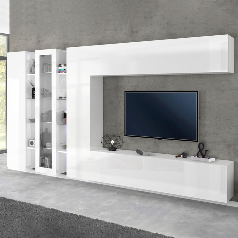 Hochglanz-Weiße Wohnwand mit TV-Möbel, Vitrine & 2 Hängeschränken Joy Wide Aktion