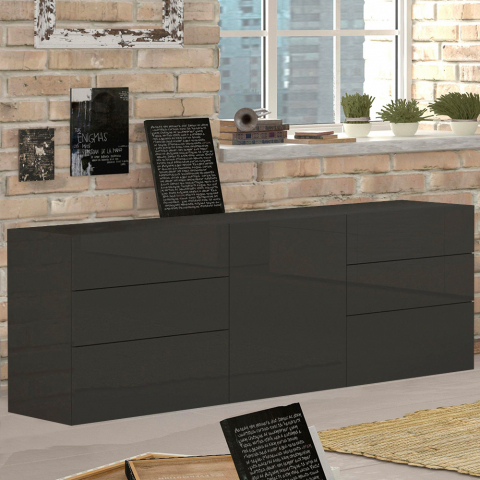Sideboard für Wohnzimmer mit Tür und 6 glänzenden Schubladen in Anthrazit Metis Report Side Aktion