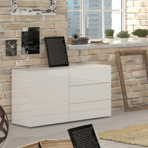 Sideboard Wohnzimmerschrank mit Tür und 3 Schubladen weiß glänzend Metis Three Aktion