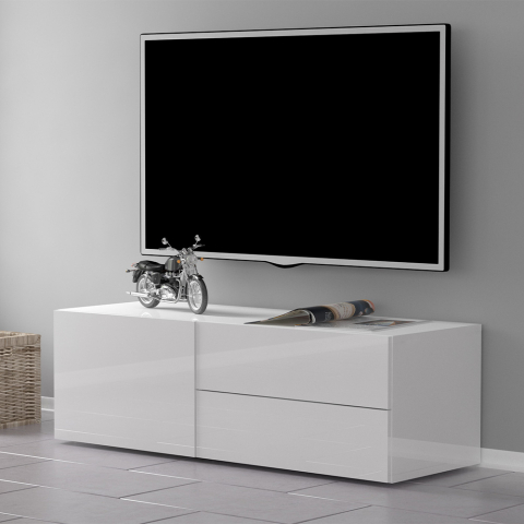 Design Wohnzimmer TV-Schrank mit 2 Schubladen 110cm glänzend weiß Metis Aktion