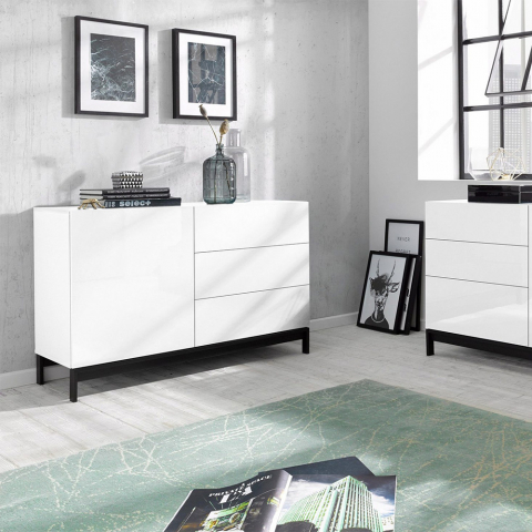 Sideboard Wohnzimmerschrank 110cm mit Tür und 3 Schubladen in Hochglanz Weiß Metis Up Three Aktion