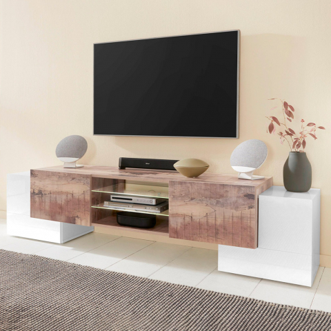 Fernsehmöbel mit 2 Glasböden, 4 Türen, 190 cm, Wohnzimmer, Pillon Acero XL Aktion