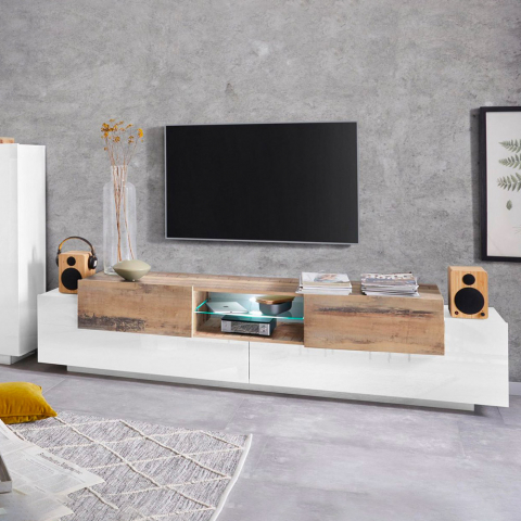 TV-Schrank 220cm offenes Fach mit 3 Türen in Weiß und Holz New Coro Low L