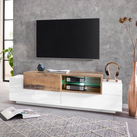 TV-Möbel mit 3 Türen, offenem Fach, 160 cm, Weiß und Holz, New Coro Low M Aktion