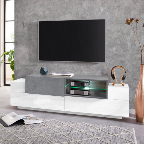 TV-Lowboard New Coro Low M, 160 cm, offene Ablage, 3 Türen, Weiß und Schiefergrau Aktion