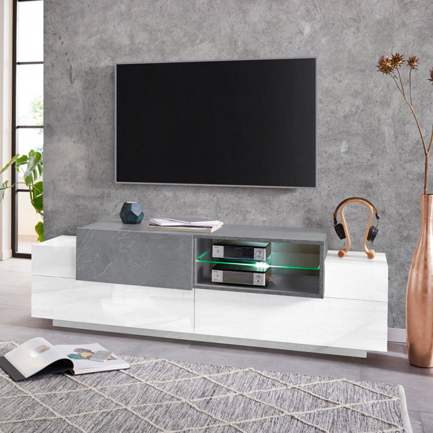 TV-Lowboard New Coro Low M, 160 cm, offene Ablage, 3 Türen, Weiß und Schiefergrau Aktion