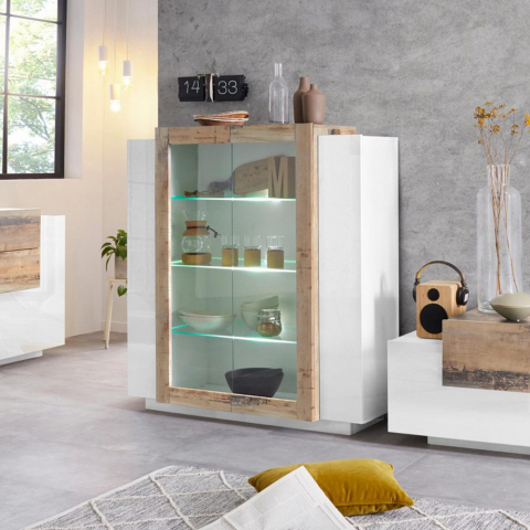 Design-Vitrine in Hochglanz Weiß und Holz für Wohnzimmer New Coro Hem Aktion